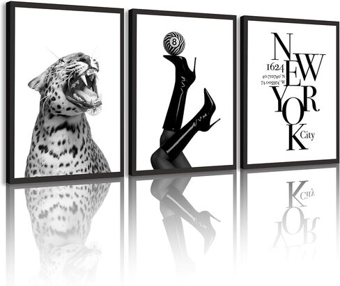 Black and White Leopard Wall Art Modern Fashion Canvas Wall decor Woman High Heels and New York Typography Poster Prints Minimalist Chic Artwork for Living Room Bedroom Office Decor unframed 12inx16in in Saudi Arabia