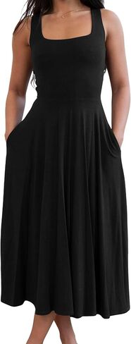 فستان نسائي طويل برقبة مربعة كاجوال بدون أكمام من FairBeauty فستان صيفي قابل للتمدد مع جيوب in Kuwait