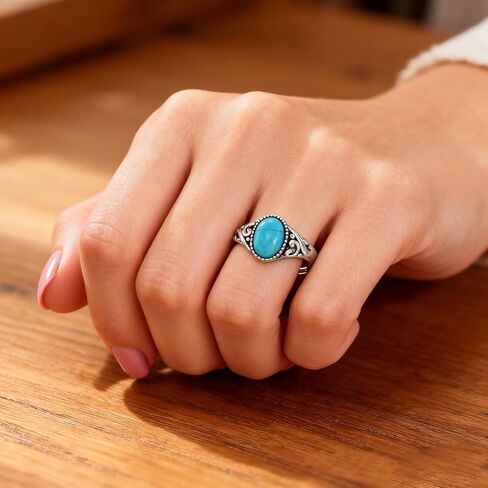 Eetaitai Turquoise Ring 925 Sterling Silver Boho Rings Western Jewelry Women's Eternity Rings Valentine's Day Jewelry Gifts for Wife Mom Size 7-9 in Saudi Arabia