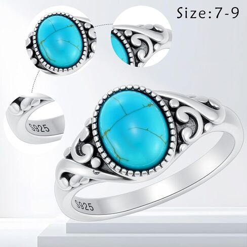 Eetaitai Turquoise Ring 925 Sterling Silver Boho Rings Western Jewelry Women's Eternity Rings Valentine's Day Jewelry Gifts for Wife Mom Size 7-9 in Saudi Arabia