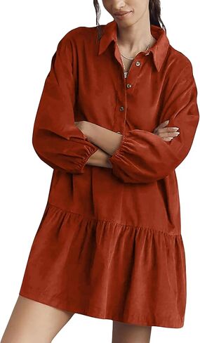 Hoonjie Womens Mini Shirt Corduroy Dress Lantern Sleeve Turndown Collar Button Up Babydoll Dress with Pockets in Saudi Arabia