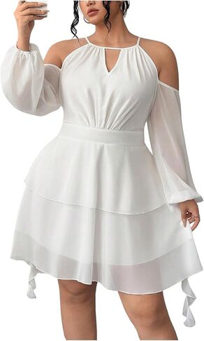 WDIRARA Women's Plus Size Cold Shoulder Layered Ruffle Dress Mesh Long Lantern Sleeve Short Dresses in Saudi Arabia