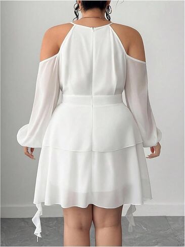 WDIRARA Women's Plus Size Cold Shoulder Layered Ruffle Dress Mesh Long Lantern Sleeve Short Dresses in Saudi Arabia