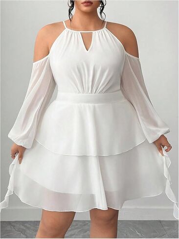 WDIRARA Women's Plus Size Cold Shoulder Layered Ruffle Dress Mesh Long Lantern Sleeve Short Dresses in Saudi Arabia