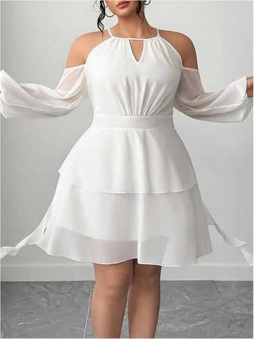 WDIRARA Women's Plus Size Cold Shoulder Layered Ruffle Dress Mesh Long Lantern Sleeve Short Dresses in Saudi Arabia