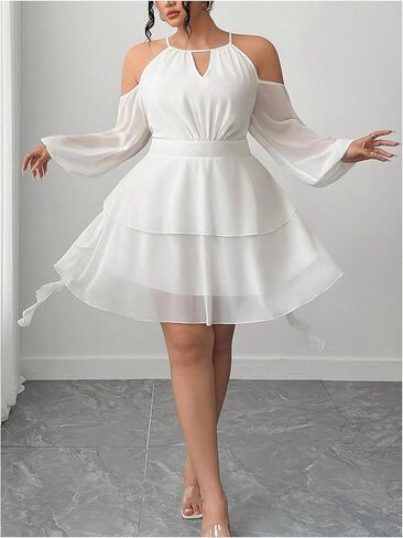 WDIRARA Women's Plus Size Cold Shoulder Layered Ruffle Dress Mesh Long Lantern Sleeve Short Dresses in Saudi Arabia