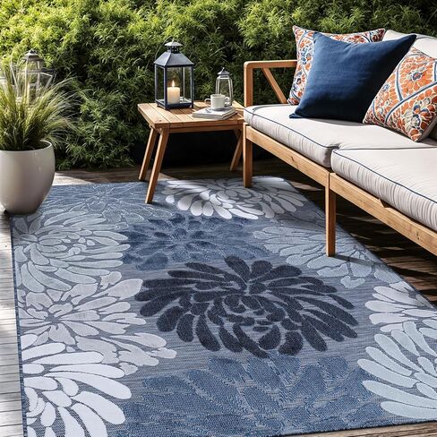 Luul Home Floral Indoor Outdoor Rugs 8x10 Large Area Rug for Living Room, Patio Decor, Kitchen, and Entryway Rug, Washable Stain Resistant Outside Carpet Navy 8 x 10 in Saudi Arabia