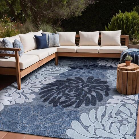 Luul Home Floral Indoor Outdoor Rugs 8x10 Large Area Rug for Living Room, Patio Decor, Kitchen, and Entryway Rug, Washable Stain Resistant Outside Carpet Navy 8 x 10 in Saudi Arabia