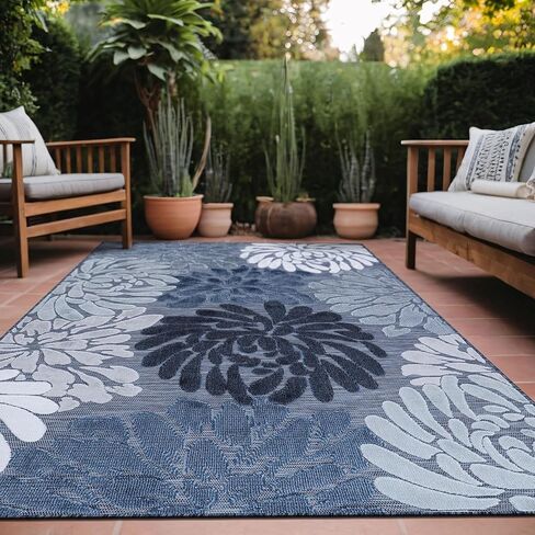 Luul Home Floral Indoor Outdoor Rugs 8x10 Large Area Rug for Living Room, Patio Decor, Kitchen, and Entryway Rug, Washable Stain Resistant Outside Carpet Navy 8 x 10 in Saudi Arabia
