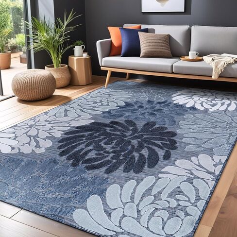 Luul Home Floral Indoor Outdoor Rugs 8x10 Large Area Rug for Living Room, Patio Decor, Kitchen, and Entryway Rug, Washable Stain Resistant Outside Carpet Navy 8 x 10 in Saudi Arabia