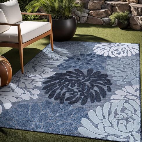 Luul Home Floral Indoor Outdoor Rugs 8x10 Large Area Rug for Living Room, Patio Decor, Kitchen, and Entryway Rug, Washable Stain Resistant Outside Carpet Navy 8 x 10 in Saudi Arabia