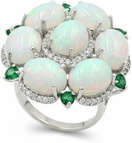 Natural Ethiopian Opal & Emerald Statement Ring for Women | 13.50 Carat Oval Cabochon Opal & Round Cut Emerald | 925 Sterling Silver Handmade Cocktail Ring | October & May Birthstone Jewelry | Gift for Her in Saudi Arabia