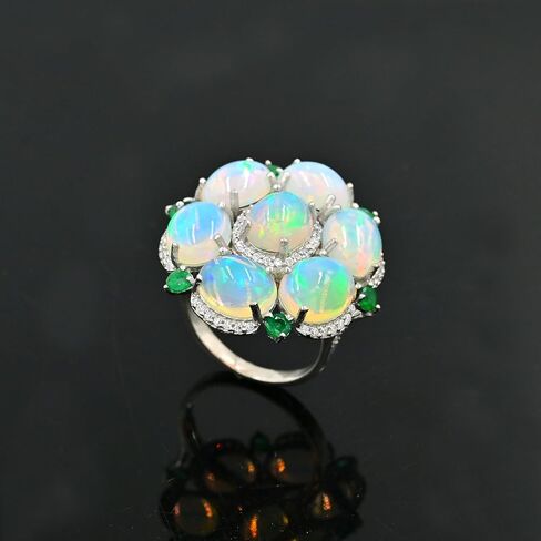Natural Ethiopian Opal & Emerald Statement Ring for Women | 13.50 Carat Oval Cabochon Opal & Round Cut Emerald | 925 Sterling Silver Handmade Cocktail Ring | October & May Birthstone Jewelry | Gift for Her in Saudi Arabia