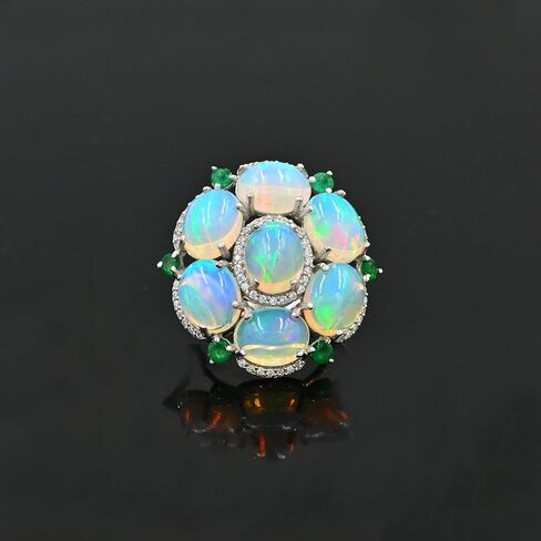 Natural Ethiopian Opal & Emerald Statement Ring for Women | 13.50 Carat Oval Cabochon Opal & Round Cut Emerald | 925 Sterling Silver Handmade Cocktail Ring | October & May Birthstone Jewelry | Gift for Her in Saudi Arabia