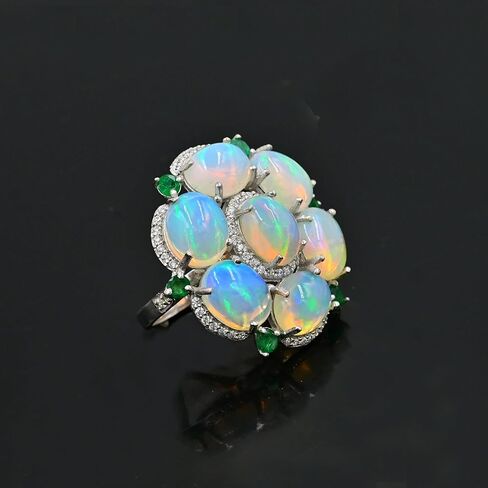 Natural Ethiopian Opal & Emerald Statement Ring for Women | 13.50 Carat Oval Cabochon Opal & Round Cut Emerald | 925 Sterling Silver Handmade Cocktail Ring | October & May Birthstone Jewelry | Gift for Her in Saudi Arabia