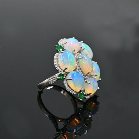 Natural Ethiopian Opal & Emerald Statement Ring for Women | 13.50 Carat Oval Cabochon Opal & Round Cut Emerald | 925 Sterling Silver Handmade Cocktail Ring | October & May Birthstone Jewelry | Gift for Her in Saudi Arabia