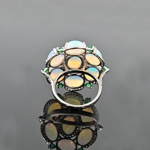 Natural Ethiopian Opal & Emerald Statement Ring for Women | 13.50 Carat Oval Cabochon Opal & Round Cut Emerald | 925 Sterling Silver Handmade Cocktail Ring | October & May Birthstone Jewelry | Gift for Her in Saudi Arabia