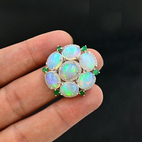 Natural Ethiopian Opal & Emerald Statement Ring for Women | 13.50 Carat Oval Cabochon Opal & Round Cut Emerald | 925 Sterling Silver Handmade Cocktail Ring | October & May Birthstone Jewelry | Gift for Her in Saudi Arabia