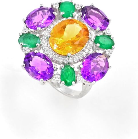Natural Citrine, Amethyst & Emerald Statement Ring for Women | 925 Sterling Silver Oval Cut Multi Gemstone Ring | 10.50 Carat Bold Designer Ring | Luxury Cocktail Jewelry in Saudi Arabia