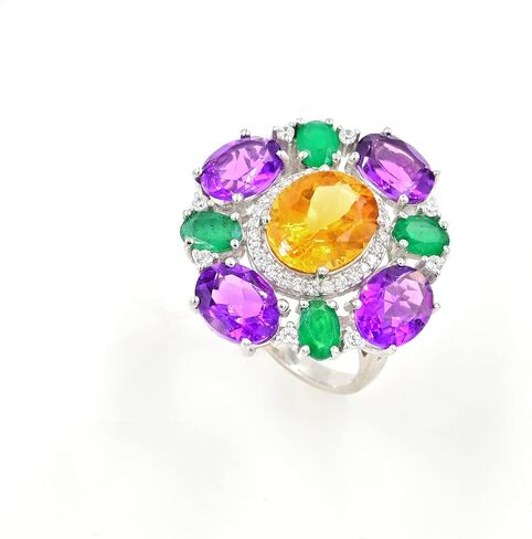 Natural Citrine, Amethyst & Emerald Statement Ring for Women | 925 Sterling Silver Oval Cut Multi Gemstone Ring | 10.50 Carat Bold Designer Ring | Luxury Cocktail Jewelry in Saudi Arabia