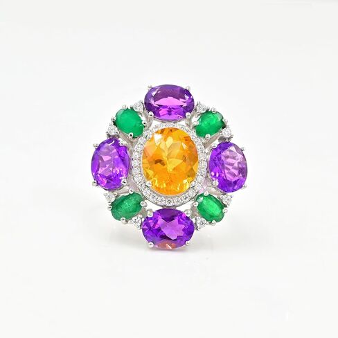 Natural Citrine, Amethyst & Emerald Statement Ring for Women | 925 Sterling Silver Oval Cut Multi Gemstone Ring | 10.50 Carat Bold Designer Ring | Luxury Cocktail Jewelry in Saudi Arabia