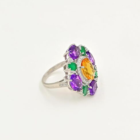 Natural Citrine, Amethyst & Emerald Statement Ring for Women | 925 Sterling Silver Oval Cut Multi Gemstone Ring | 10.50 Carat Bold Designer Ring | Luxury Cocktail Jewelry in Saudi Arabia