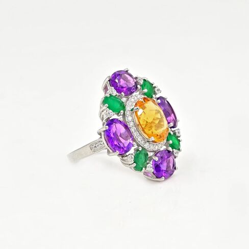 Natural Citrine, Amethyst & Emerald Statement Ring for Women | 925 Sterling Silver Oval Cut Multi Gemstone Ring | 10.50 Carat Bold Designer Ring | Luxury Cocktail Jewelry in Saudi Arabia
