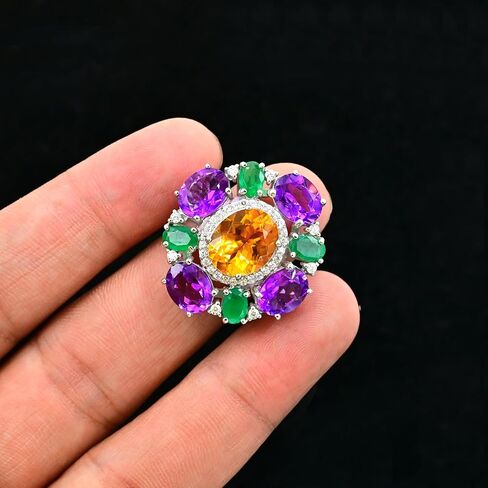 Natural Citrine, Amethyst & Emerald Statement Ring for Women | 925 Sterling Silver Oval Cut Multi Gemstone Ring | 10.50 Carat Bold Designer Ring | Luxury Cocktail Jewelry in Saudi Arabia