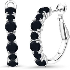 Gem Stone King 925 Sterling Silver Black Onyx Hoop Earrings For Women (2.36 Cttw, Gemstone December Birthstone, Round 4MM and 3MM) in Saudi Arabia