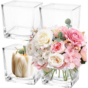 LDHHYH 4 Pack 6 x 6 x 6 Inch Square Glass Vases, Clear Square Vases for Centerpieces, Glass Cube Flower Vases Short Vases for Candle Holder Events Wedding Party Home Decoration in Kuwait
