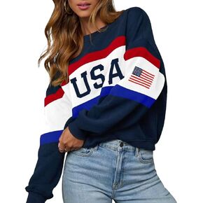 LEEDYA المرأة الولايات المتحدة الأمريكية البلوز Crewneck العلم الأمريكي متماسكة سترة طويلة الأكمام 4th من يوليو تي شيرت فضفاض صالح البلوز in Kuwait