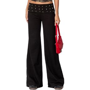 Sunloudy النساء Y2K أضعاف أكثر من السراويل برشام Foldover واسعة الساق اليوغا مضيئة طماق بسط منخفضة الخصر المتداول أكثر من جرس قيعان in Kuwait