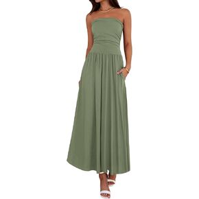BTFBM Summer Maxi Dresses for Women 2025 Strapless Ruched Tube Top Flowy Beach Vacation Wedding Guest Dress Pockets in Kuwait