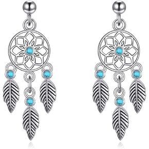 KZX Turquoise Dreamcatcher Earrings for Women 925 Sterling Silver Dream Catcher Feather Earrings Vintage Bohemian Western Jewelry Native American Indian Dream Catcher Feather Dangle Earrings in Saudi Arabia