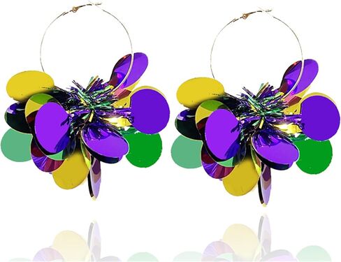 Dreuyet Colorful Mardi Gras Earrings for Women Sparkle Resin Fireworks Pom Pom Hoop Earrings Exaggerated Lightweight Carnival Theme Dangle Earrings for Lady in Saudi Arabia