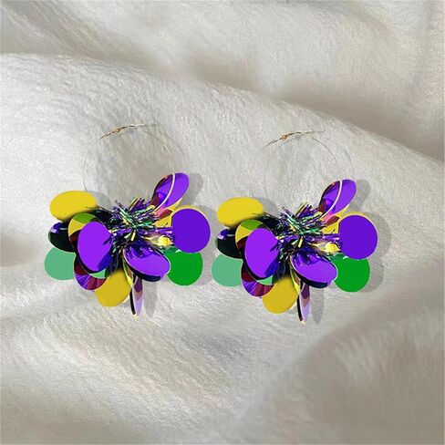 Dreuyet Colorful Mardi Gras Earrings for Women Sparkle Resin Fireworks Pom Pom Hoop Earrings Exaggerated Lightweight Carnival Theme Dangle Earrings for Lady in Saudi Arabia