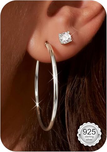 GEMQUEEN 2 Pairs 14K Real Gold Plated 925 Sterling Silver Posts Medium Hoop Earrings Set for Women - Hypoallergenic Gold Hoops Earring & 5A CZ Studs Womens Everyday Stackable Lightweight Jewelry Gifts in Saudi Arabia