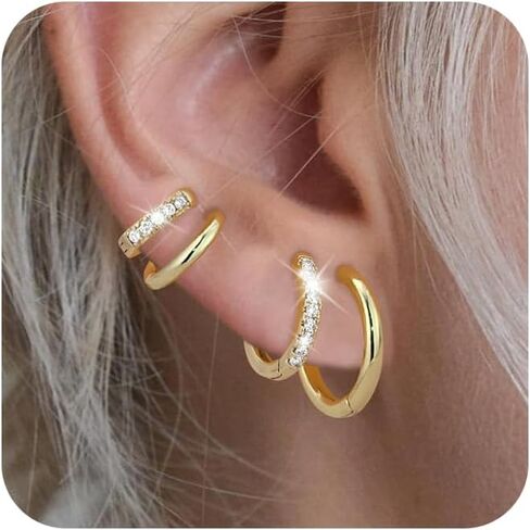 Maxcate Small Gold/Silver Hoop Earrings for Women Trendy - Hypoallergenic 14k Real Gold Plated Hoops Cubic Zirconia Cartilage Huggie Earrings Set Helix Piercing Earring Gold Jewelry for Women Gift in Saudi Arabia