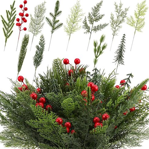 Suncalla 100 Pcs Artificial Pine Needles Christmas Greenery with Red Berry Christmas Floral Picks Artificial Greenery Pine Picks for DIY Garland Wreath Xmas Embellishing Home Garden Decoration in Saudi Arabia