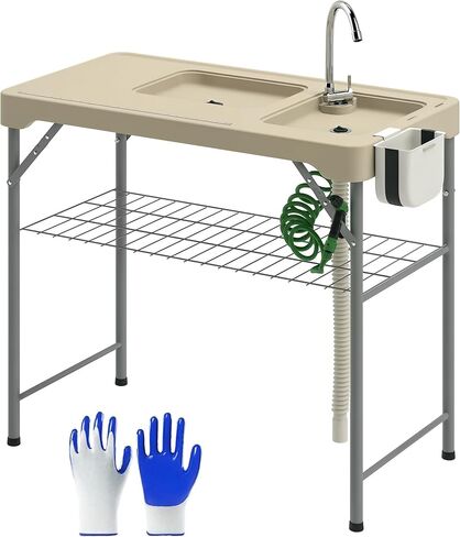 Outsunny Folding Fish Cleaning Table with Sinks, Portable Camping Sink Table with Faucet, Drainage Hose, Sprayer, Shelf, Drawer and Storage Basket, Outdoor Fillet Table for Picnic Beach Patio, Tan in Saudi Arabia