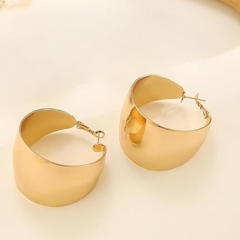 Chunky Gold Wide Hollow Round Circle Hoop Earrings for Women, Statement Large Silver Polished Earring Non Tarnish Retro Party Costume Jewelry Accessories in Saudi Arabia