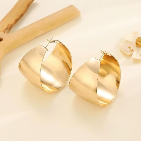 Chunky Gold Wide Hollow Round Circle Hoop Earrings for Women, Statement Large Silver Polished Earring Non Tarnish Retro Party Costume Jewelry Accessories in Saudi Arabia