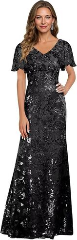 Clixsy Sequin V Neck Mother of The Bride Dresses - Short Sleeve Formal Gown for Wedding Guest in Saudi Arabia