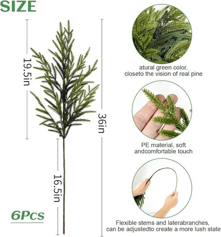 Real Touch Norfolk Pine Branch -36" Artificial Christmas Green Plants Branches Faux Greenery Stem Fake Cedar Pine Picks for Vase DIY Crafts Garland Wreath Xmas Indoor Outdoor Home Decor (6 Pcs) in Saudi Arabia