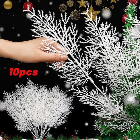 10pcs Artificial White Pine Branches for Christmas Decor Christmas Tree Ornaments DIY Wreath Garden Decoration,34.5cm in Saudi Arabia