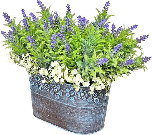 Artificial Flowers Lavender Arrangement in Rustic Rectangular Metal Planter, Pre-Potted Fake Lavender Table Centerpiece for Gifts Farmhouse Wedding Kitchen Windowsill Table Shelf Indoor Greenery Décor in Saudi Arabia