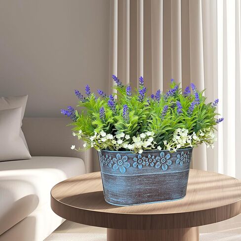 Artificial Flowers Lavender Arrangement in Rustic Rectangular Metal Planter, Pre-Potted Fake Lavender Table Centerpiece for Gifts Farmhouse Wedding Kitchen Windowsill Table Shelf Indoor Greenery Décor in Saudi Arabia