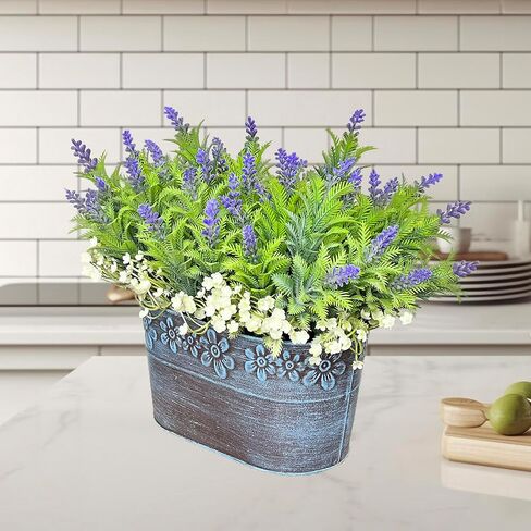 Artificial Flowers Lavender Arrangement in Rustic Rectangular Metal Planter, Pre-Potted Fake Lavender Table Centerpiece for Gifts Farmhouse Wedding Kitchen Windowsill Table Shelf Indoor Greenery Décor in Saudi Arabia