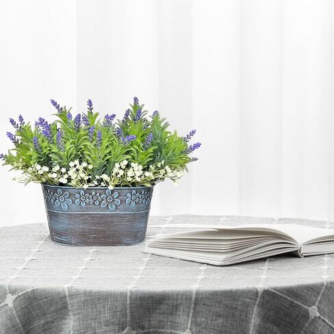 Artificial Flowers Lavender Arrangement in Rustic Rectangular Metal Planter, Pre-Potted Fake Lavender Table Centerpiece for Gifts Farmhouse Wedding Kitchen Windowsill Table Shelf Indoor Greenery Décor in Saudi Arabia