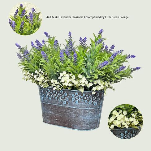 Artificial Flowers Lavender Arrangement in Rustic Rectangular Metal Planter, Pre-Potted Fake Lavender Table Centerpiece for Gifts Farmhouse Wedding Kitchen Windowsill Table Shelf Indoor Greenery Décor in Saudi Arabia